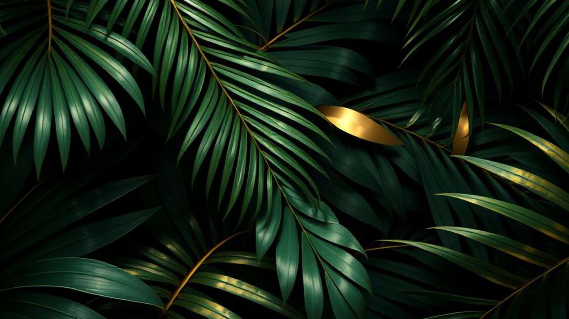 Foglie di palma verde scuro con venature dorate su sfondo nero