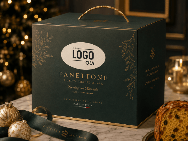 Confezione di panettone artigianale con scritte dorate, spazio per logo personalizzato e decorazioni natalizie